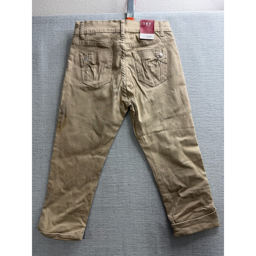 T&Y Fashion Capri Pants Womens 5/6 Beige Skinny Leg Cuffed Hem Ankle Button - Picture 2 of 16